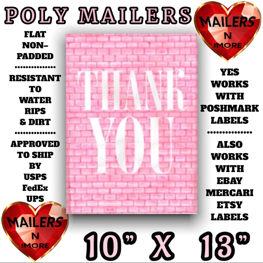 ( Quantity 25 10x13 ) Pink Brick Thank You Poly Mailers Bag Shipping Envelopes - Picture 2 of 2